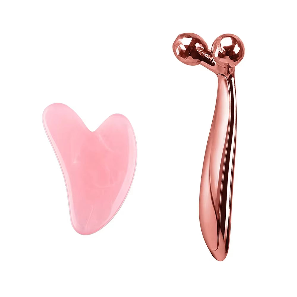 Y-Shape 3D Roller Face & Neck Massager + Guasha Scraper Set – 360° Rotating Skin Lifting & Wrinkle Remover Tool