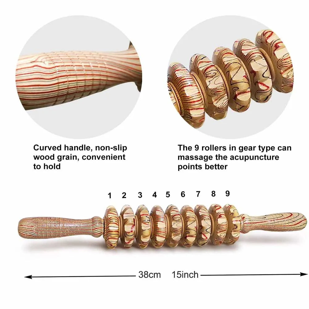 9-Roller Wooden Handheld Massage Stick – Deep Tissue Trigger Point Massager for Cellulite, Tension & Full-Body Pain Relief