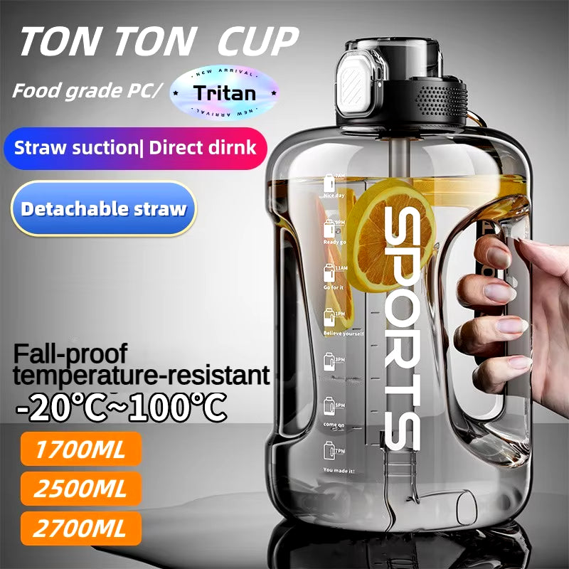 Large-Capacity Fitness Water Bottle – 1700ml/2500ml/3800ml BPA-Free Sports Bottle with Straw for Hydration on the Go
