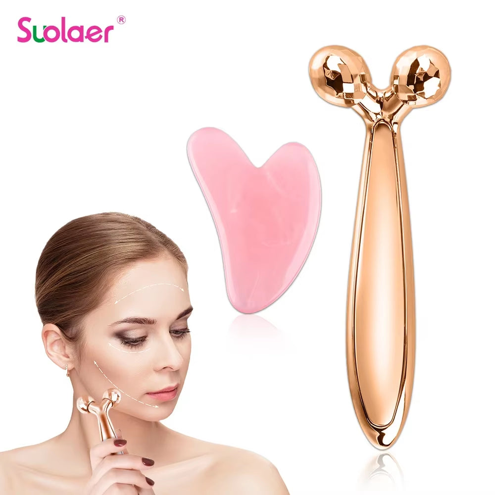 Y-Shape 3D Roller Face & Neck Massager + Guasha Scraper Set – 360° Rotating Skin Lifting & Wrinkle Remover Tool