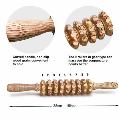 9-Roller Wooden Handheld Massage Stick – Deep Tissue Trigger Point Massager for Cellulite, Tension & Full-Body Pain Relief